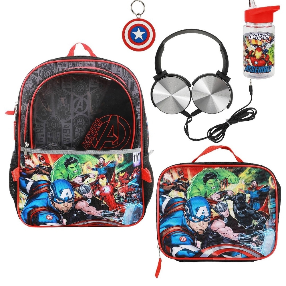 Avengers Kids’ 15.5L Backpack with Lunch Bag, Water Bottle & Accessories – Black